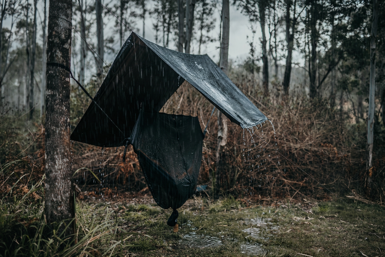 Nakie hammock with bug net and rain tarp set up between trees in the rain.