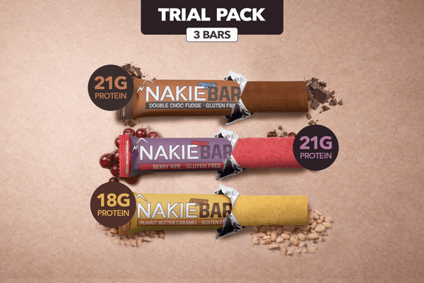 Nakie protein bars trial pack with three flavors: Double Choc Fudge, Berry Ripe, and Peanut Butter Caramel, gluten free.