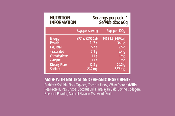 Nutrition information label for protein bar showing 21.7g protein, 12.2g fiber per 60g serving with ingredients list.