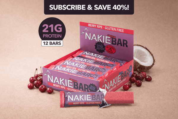 Nakie protein bar box in berry ripe flavor with 21g protein, 12-bar pack