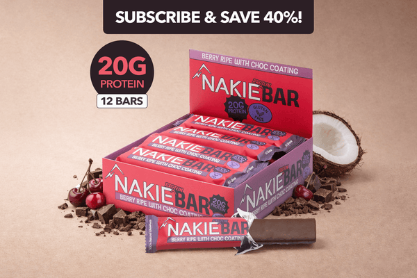 Nakie Protein Bar box of 12 bars, Berry Ripe with Choc Coating flavor, 20g protein per bar