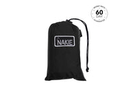 Black nylon ultralight tarp with drawstring closure and white NAKIE logo patch on front