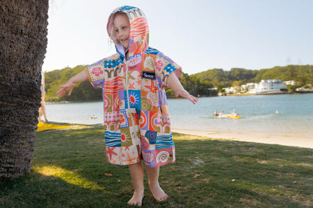 authentic kids beach towel backpack Retro Shores - Kids Hooded Towel Recycled Sand Free | Made From 100% Recycled Material