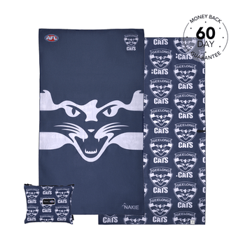 Navy Geelong Cats AFL beach towel with white cat face graphic and repeating logo pattern, sand-free design shown with carryin
