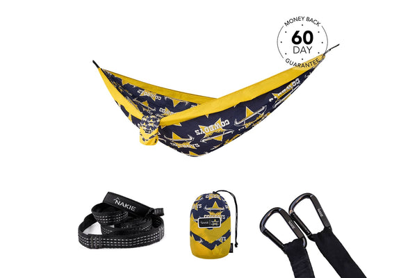 Yellow and navy Cowboys print hammock with matching straps and carabiners, displayed with included carrying bag