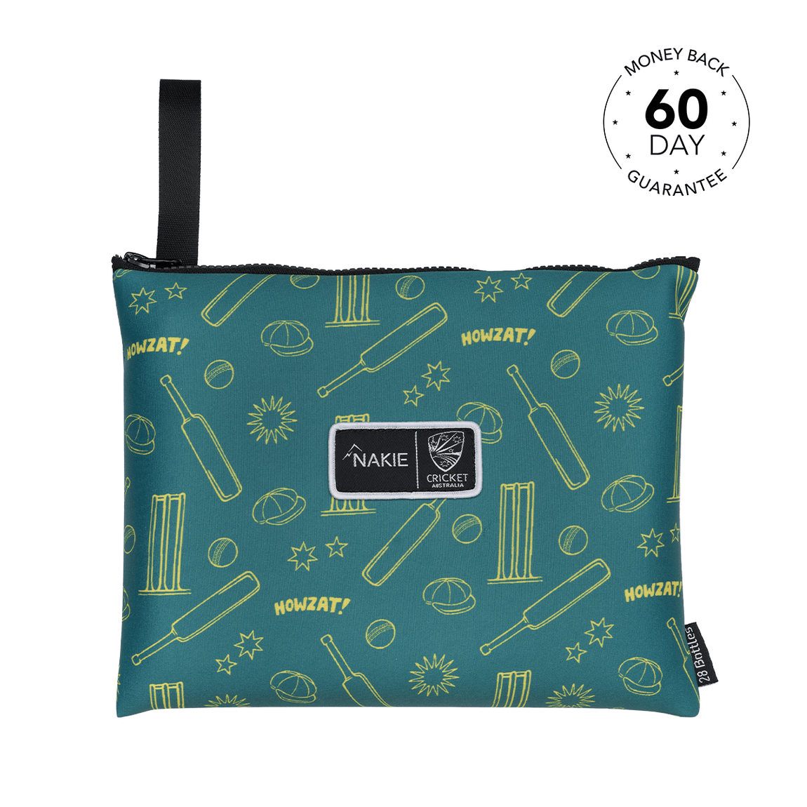 Teal cricket-print beach towel with gold bat, ball and wicket icons, black carry handle and Nakie logo patch.