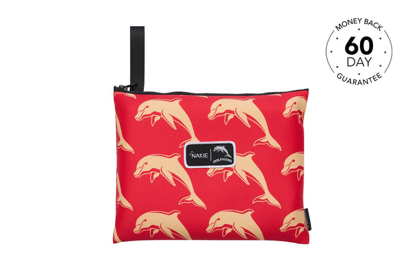 Red recycled pouch with tan dolphin print, black handle strap and Nakie Dolphins logo patch.