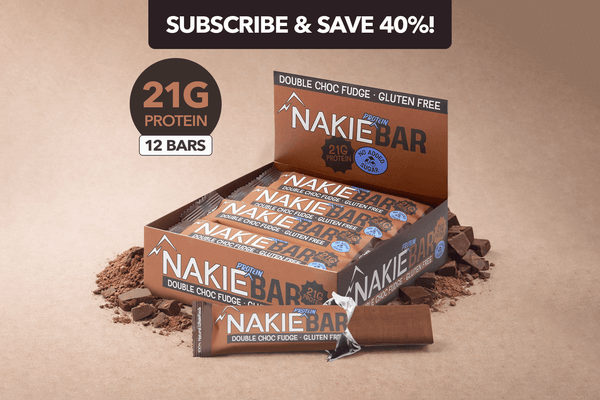 Nakie Protein Bar double choc fudge box with 12 bars, 21g protein, gluten-free
