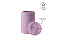 Dusty pink insulated coffee cup with matching lid, front view showing cylindrical body and included round coffee cup lid with