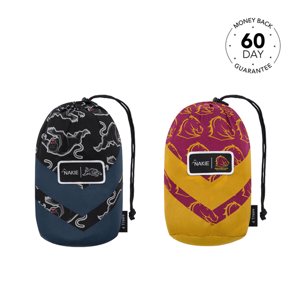 Two NRL recycled hammocks with drawstring straps; left features black with grey octopus print and blue base