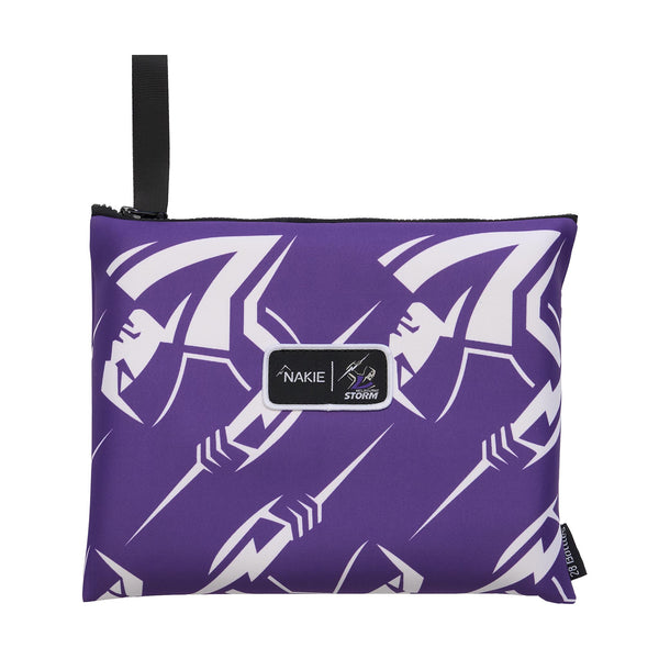 Purple and white lightning bolt patterned pouch with black handle and Nakie Storm logo label
