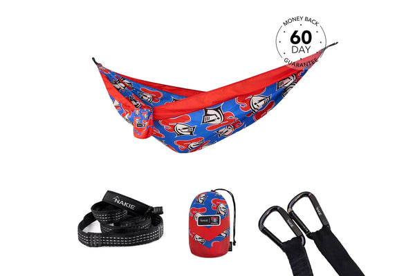 Red and blue Knights recycled hammock with guitar print, shown with black straps and carabiners in flat lay below