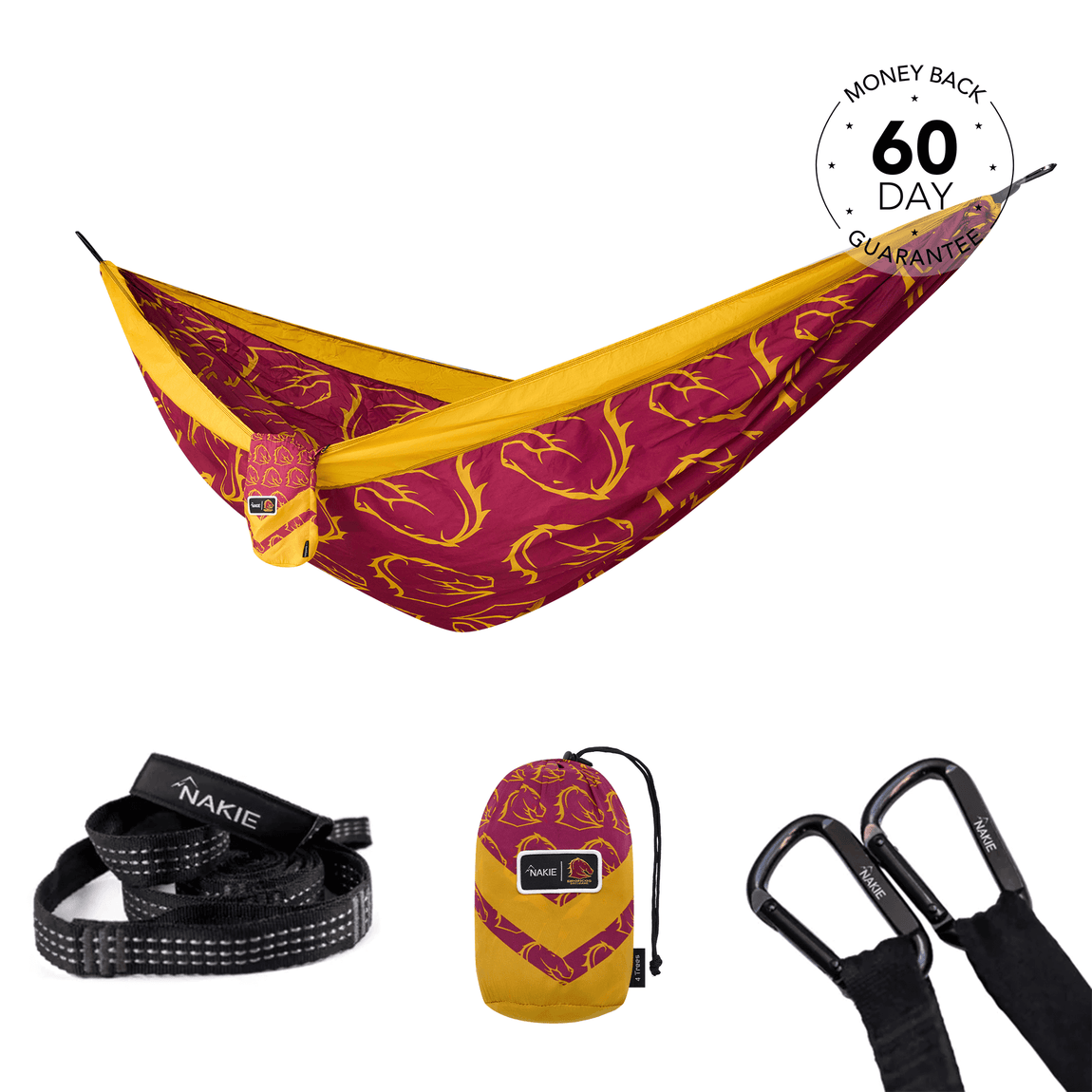 NRL Brisbane Broncos Recycled Hammock with tree-friendly straps, stuff-sack and carabiners