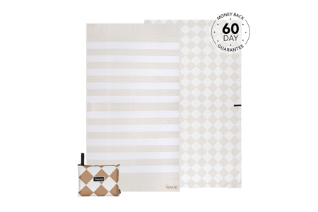 Beige and white striped beach towel with diamond pattern detail and compact carry pouch