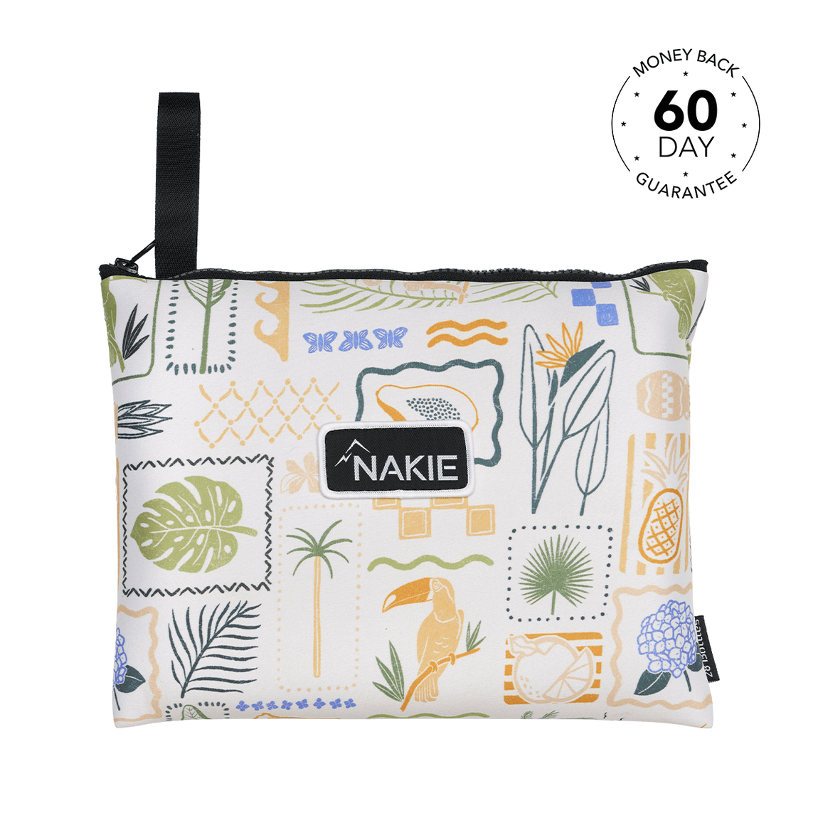 Nakie recycled sand-free beach towel with multicoloured botanical and toucan print, black carry handle.