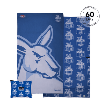 North Melbourne Kangaroos blue beach towel with large kangaroo head design and repeated logo pattern, displayed with matching