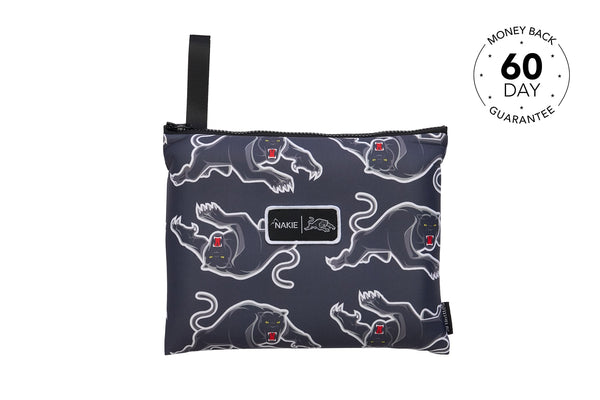 Navy nylon pouch with neon panther print and black handle strap, front view showing Nakie branding label.
