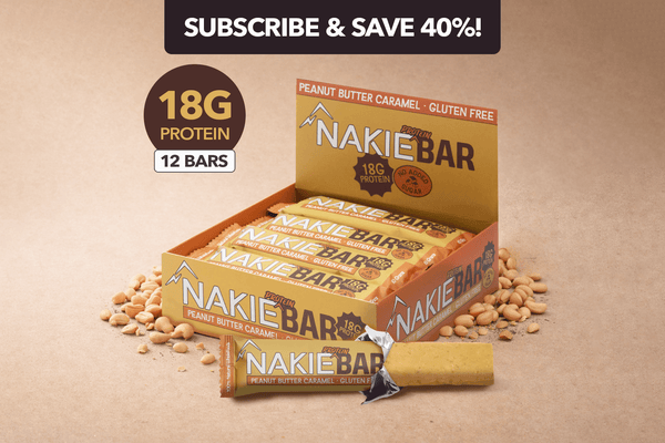NAKIE Protein Bar peanut butter caramel, 18g protein, 12-bar box with individual bar displayed, gluten-free