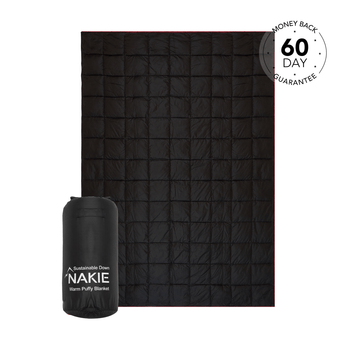 Studio shot of Nakie's Midnight Black Sustainable Down Puffy Blanket, showcasing its cozy warmth and eco-friendly design, perfect for outdoor adventures and cozy nights.