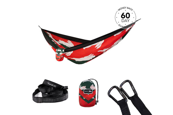 Red and black Rabbitohs NRL hammock with white feather pattern