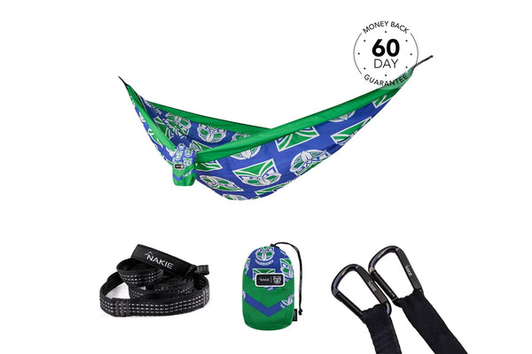 Warriors blue and green patterned recycled hammock with green straps, shown with black carabiners and storage pouch