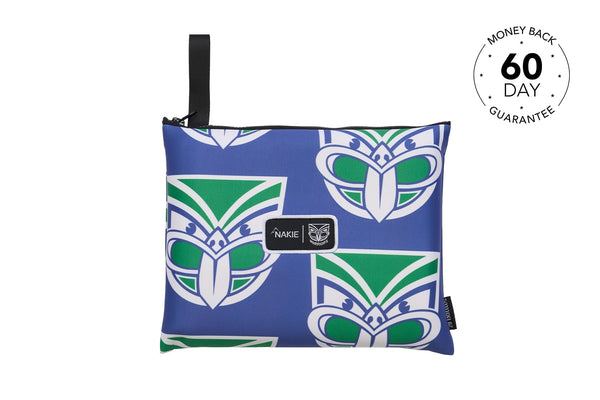 Blue and green geometric patterned pouch with black carry strap and Nakie branded label