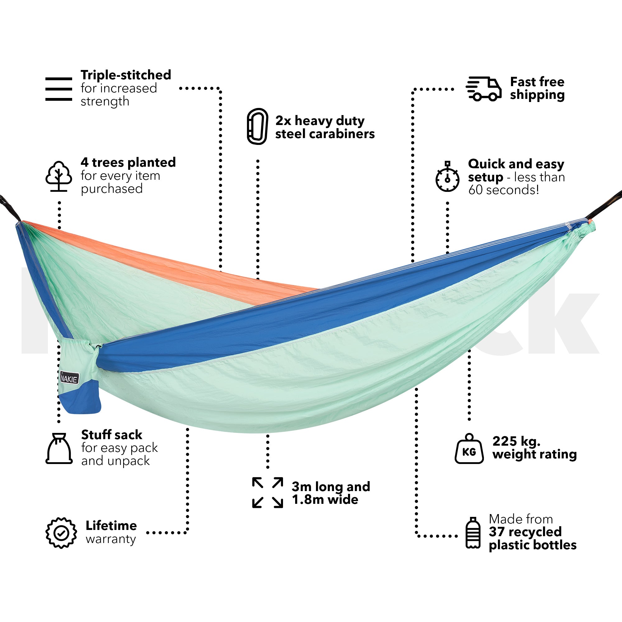 Sky Blue - Recycled Hammock with Straps